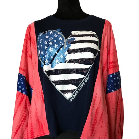 Upcycled Patriotic Poncho T-Shirt, Fits L-4X: Oversized Handmade Cropped Tunic - Picture 8 of 13